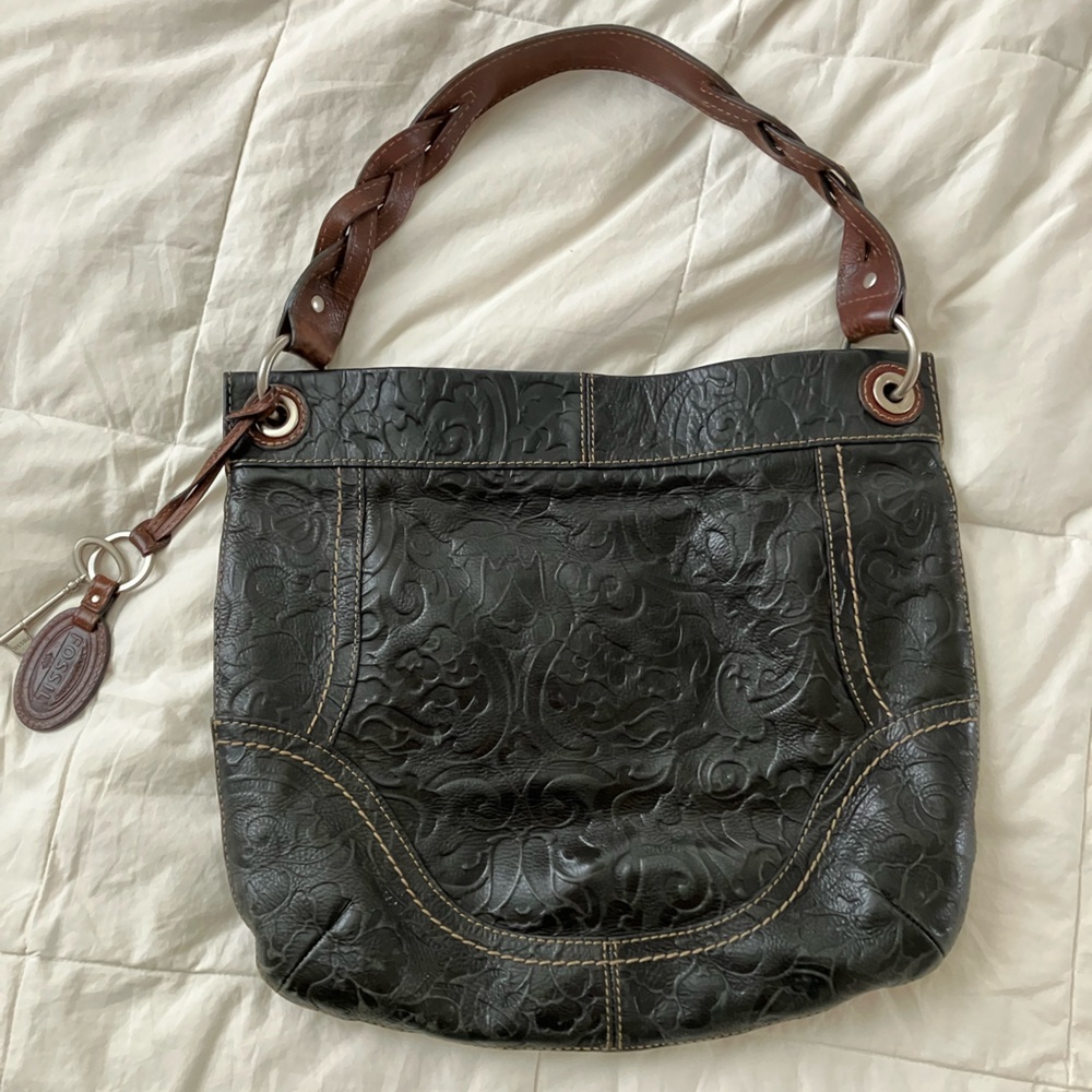 FOSSIL Winslet Brown Tooled Leather Embossed Crossbody Shoulder Bag Handbag
